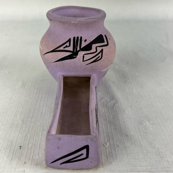 Cedar Mesa Navajo Pottery Card & Pen Holder Hand Painted Purple/ Pastel Signed - Picture 2 of 7